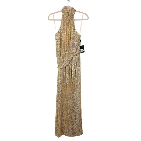 NWT Mac Duggal Gold Sequined Halter Neck Belted Soft Tie Gown 8 #8624 - Picture 3 of 8